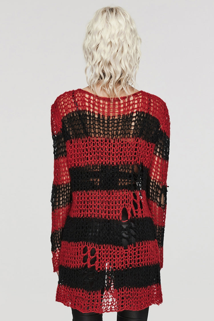 Irregular Ripped Striped Sweater with Zipper Accents
