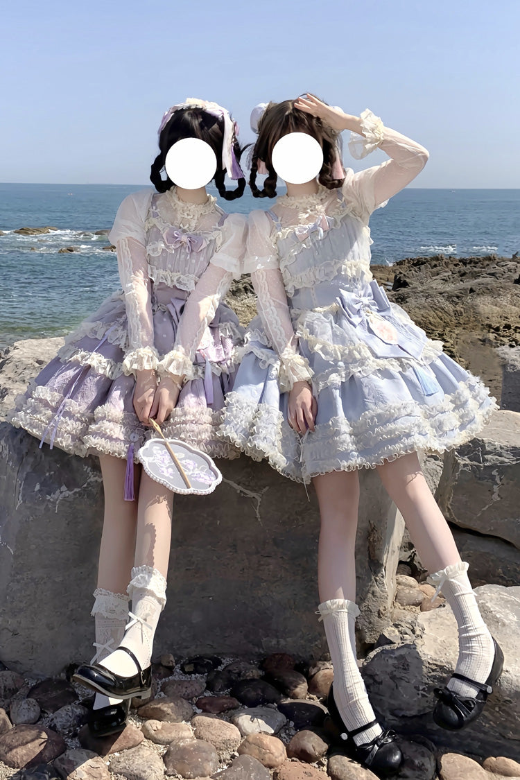 Good Night Peach Sleeveless Multi-Tiered Ruffled Bow Lace Sweet Chinese Style Lolita Jumper Dress Three Colors