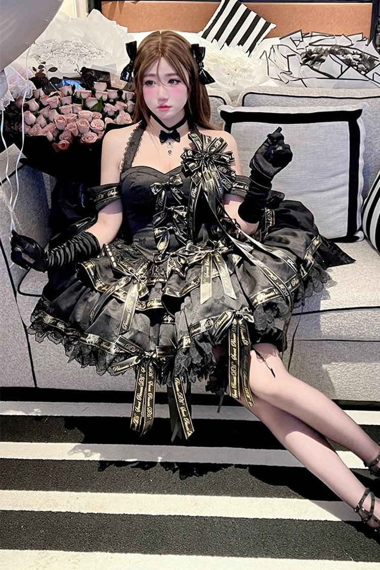 Black Halterneck Sleeveless Multi-Layered Ruffle Bow Elegant Gothic Dress