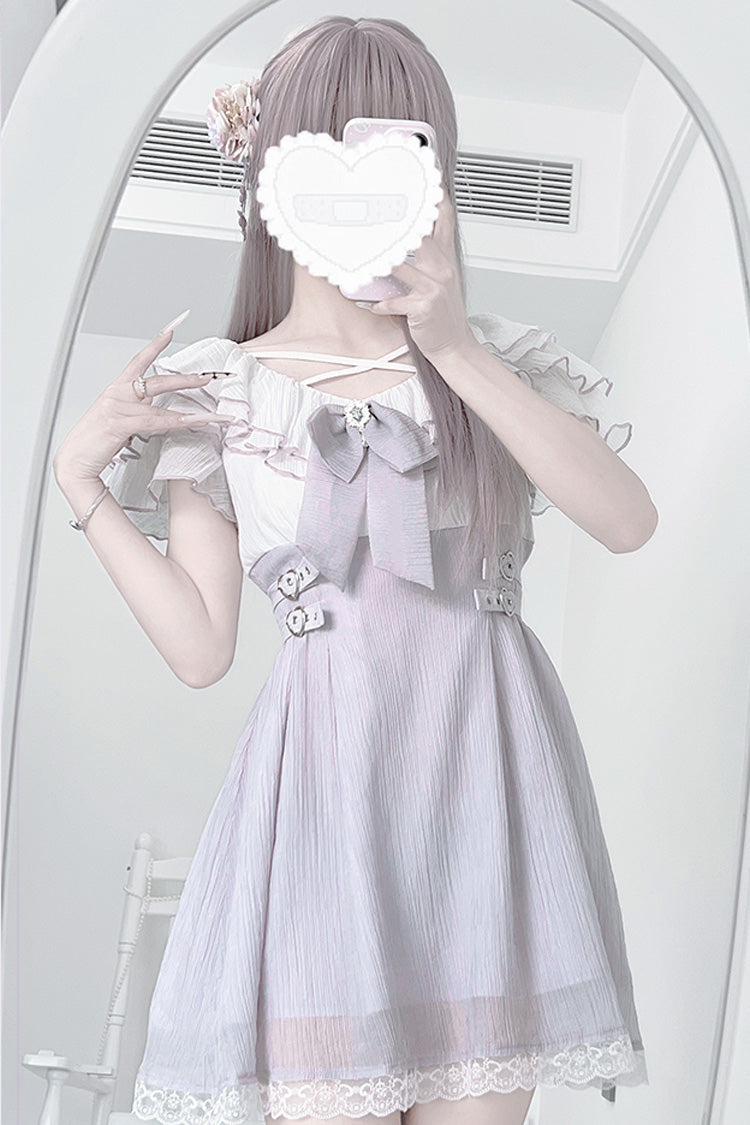 Mauve Ruffled Bow Lace Short-Sleeve Japanese Street Style Dress