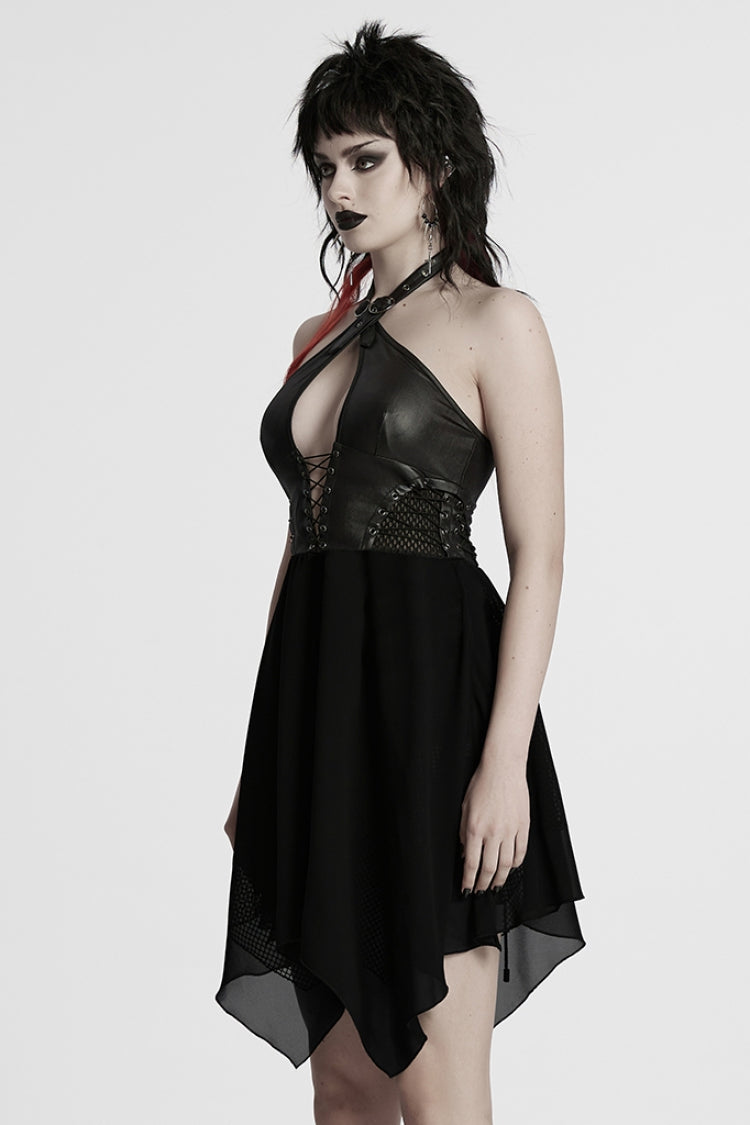Party-Ready Black Lace-Up Irregular Halter Punk Dress