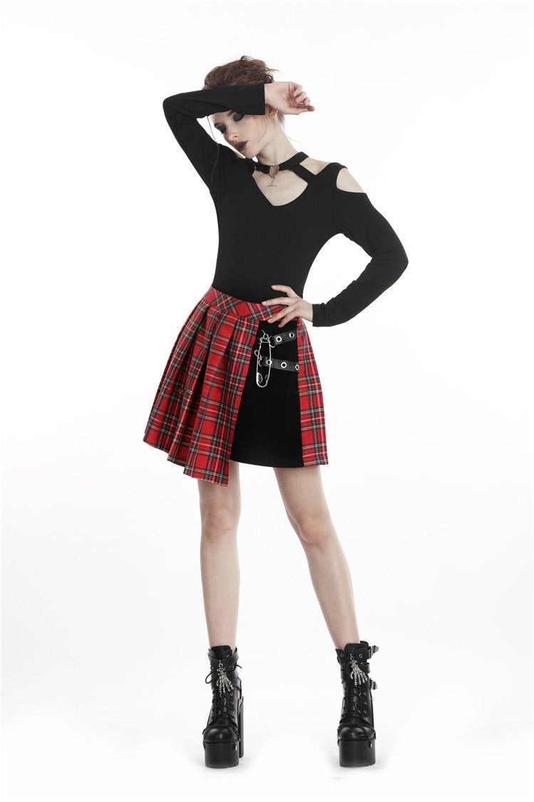 Crimson Plaid Pleated Punk Hem Skirt