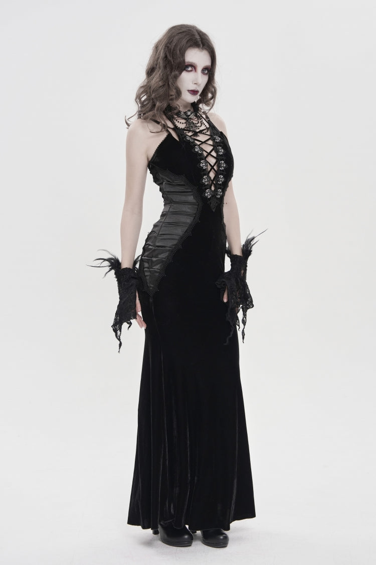 Off Shoulder Sleeveless Spliced Lace-Up Slim Pleated Gothic Jsk Dress