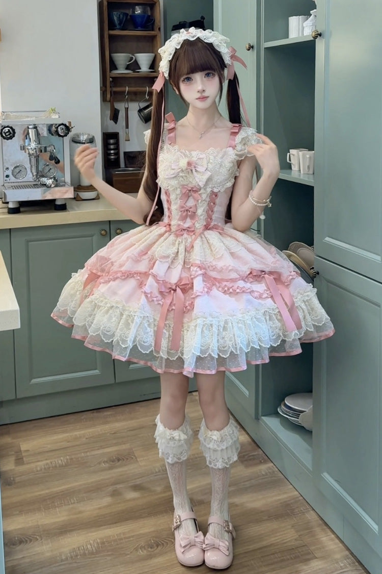 Dreaming Butterfly Pink Multi-Layered Jacquard Ruffle Bowknot Lace Sweet Princess JSK Dress