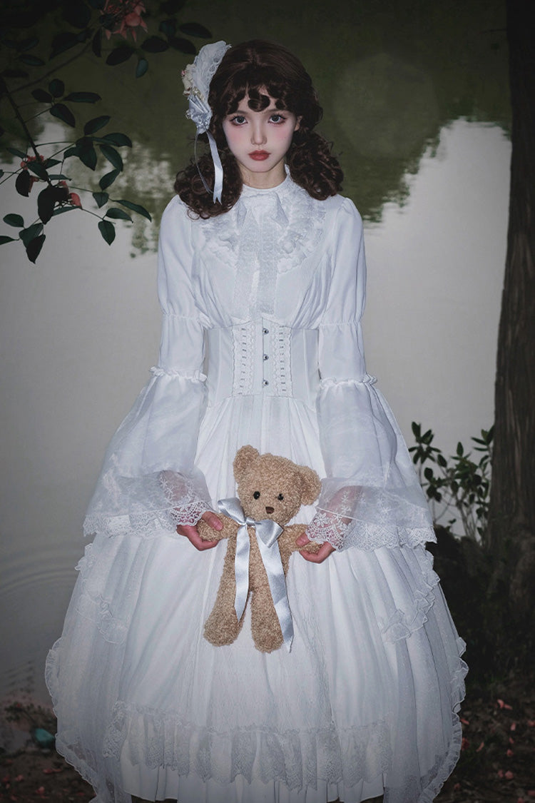 Ivory Stand Collar Long Sleeve Gothic Dress with Lace - Requiem