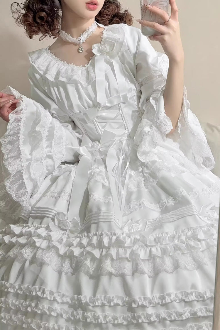 Ivory Layered Frosting Ruffle Bow Lace Sweet Dress