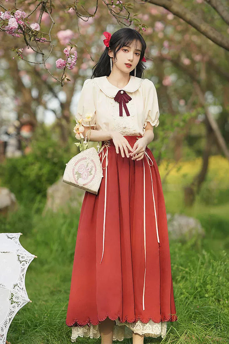 Lapel Collar Short-Sleeve High-Waisted Lace-Up Wave Hem Lolita Two-Piece Set, 7 Colors