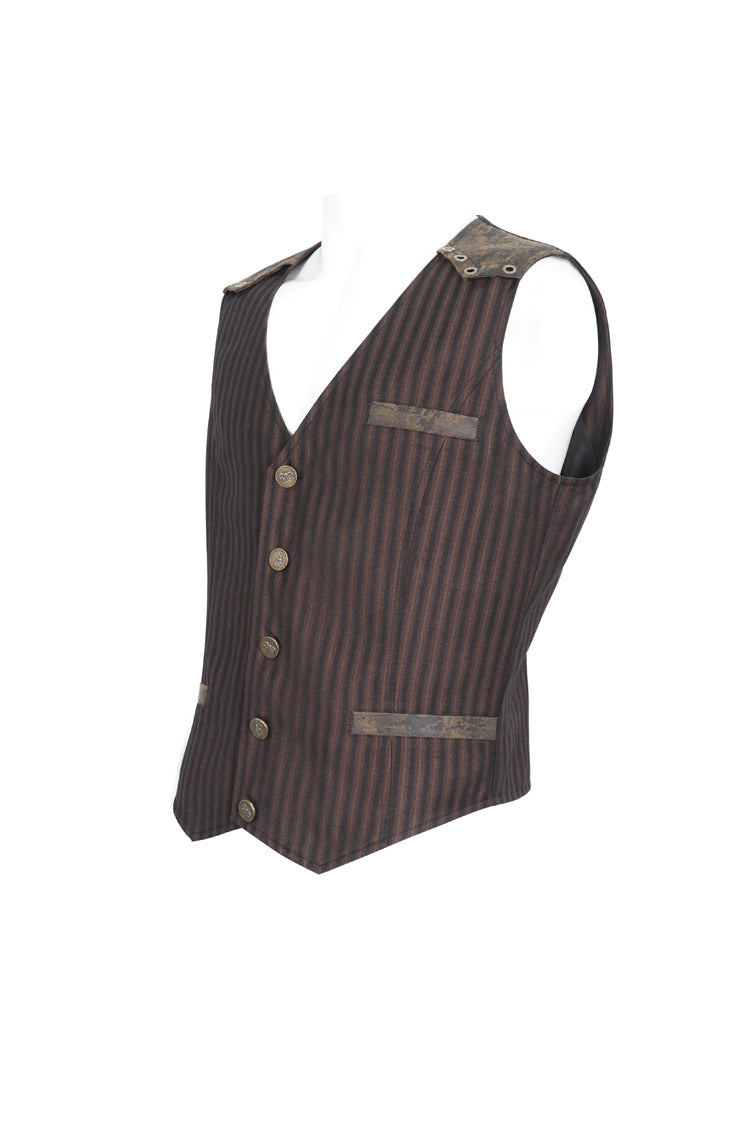 Cocoa Pinstripe Gothic Slim Vest with V-Neck and Stitching