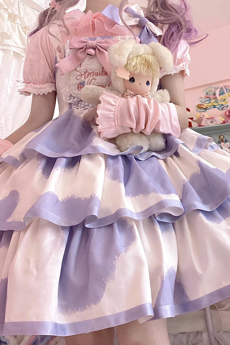 Azure Cow-Print Bowknot Sweet JSK with Triple Ruffles