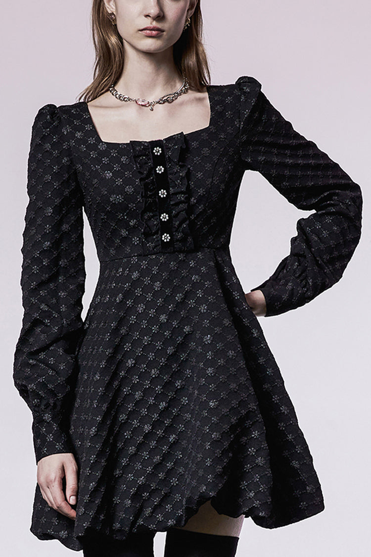Pearl Nail Square Neck Tucked Waist Flower Bud Punk Dress