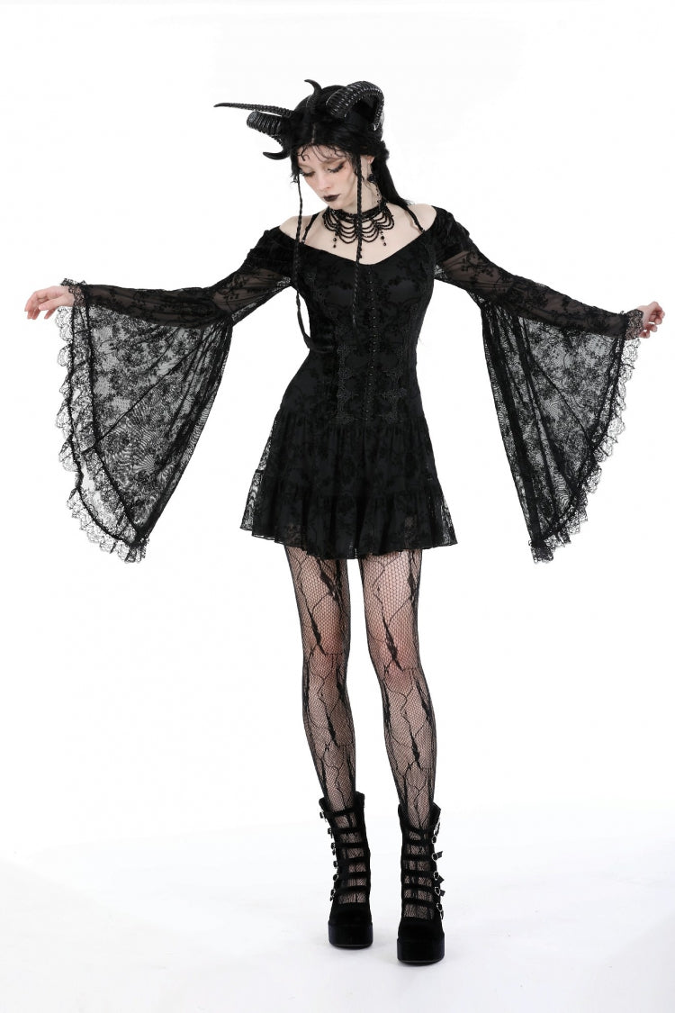 Off Shoulder Long Trumpet Sleeves Velvet Spliced Mesh Gothic Graduation Dress