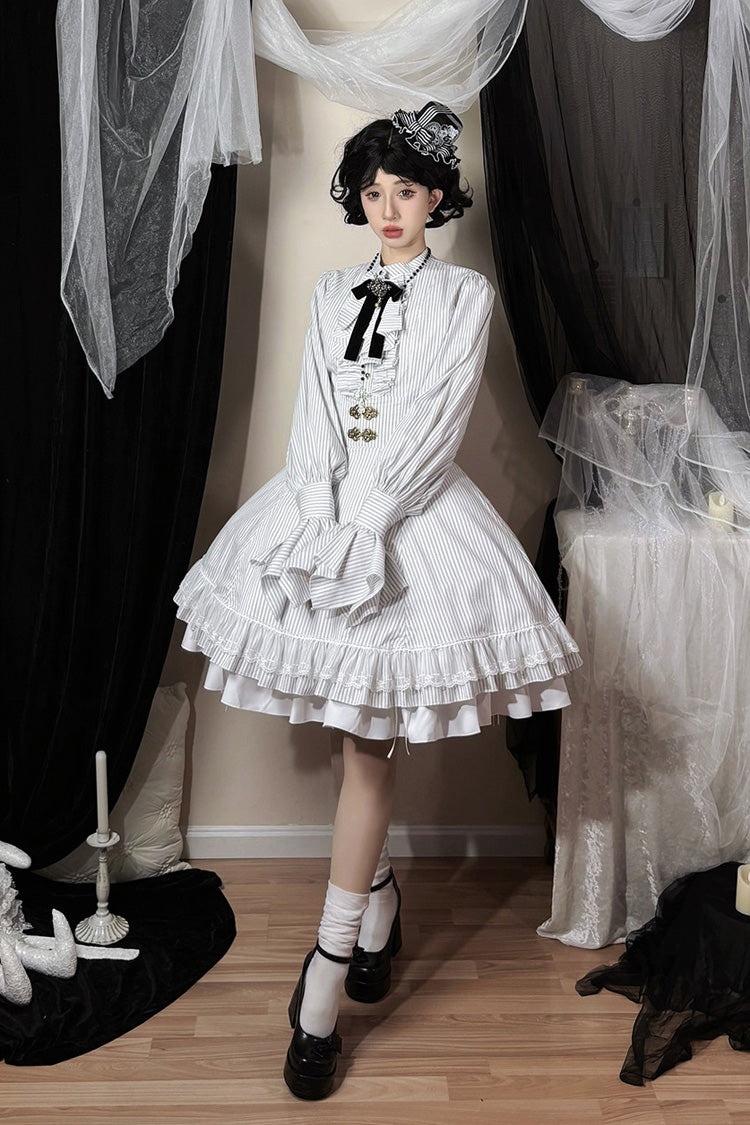 Ivory Manor Point Striped Ruffle Hem Bow Gothic Skirt