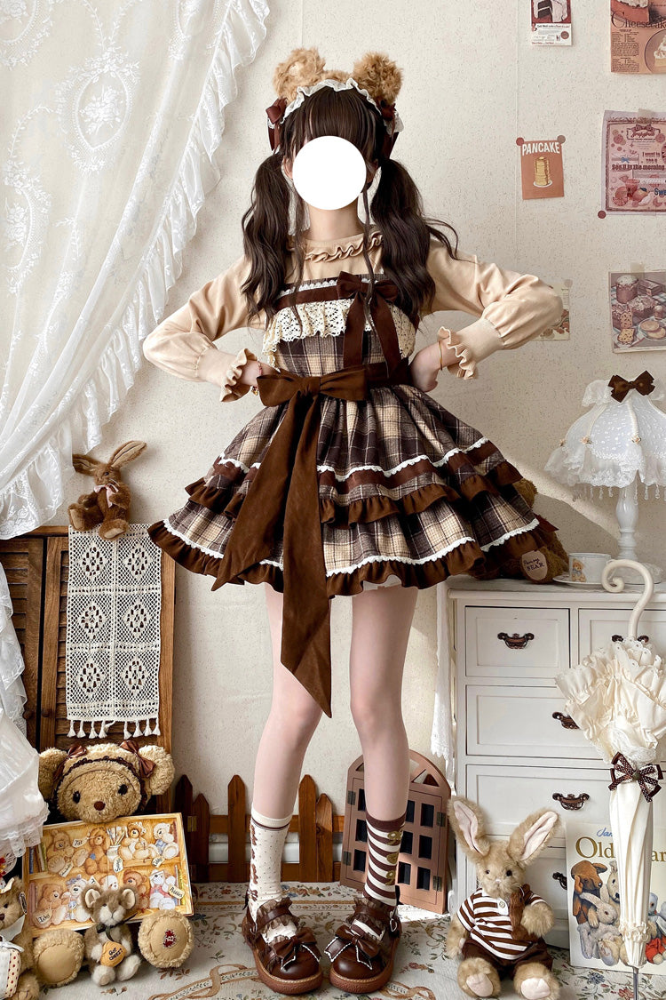 Caramel Cocoa Double-Layered Print Ruffle Bow Sweet JSK