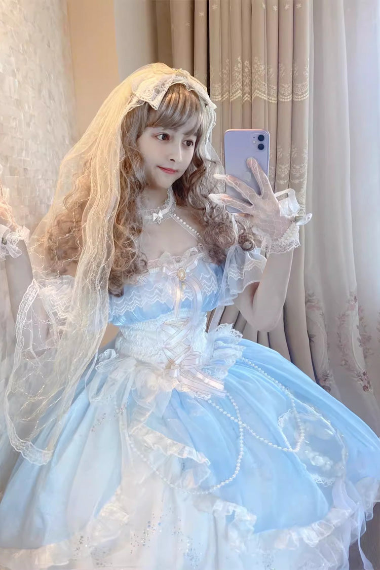 Blue/White The Little Mermaid Off-Shoulder Halter Neck Ribbon Mesh Elegant Princess Lolita Gown