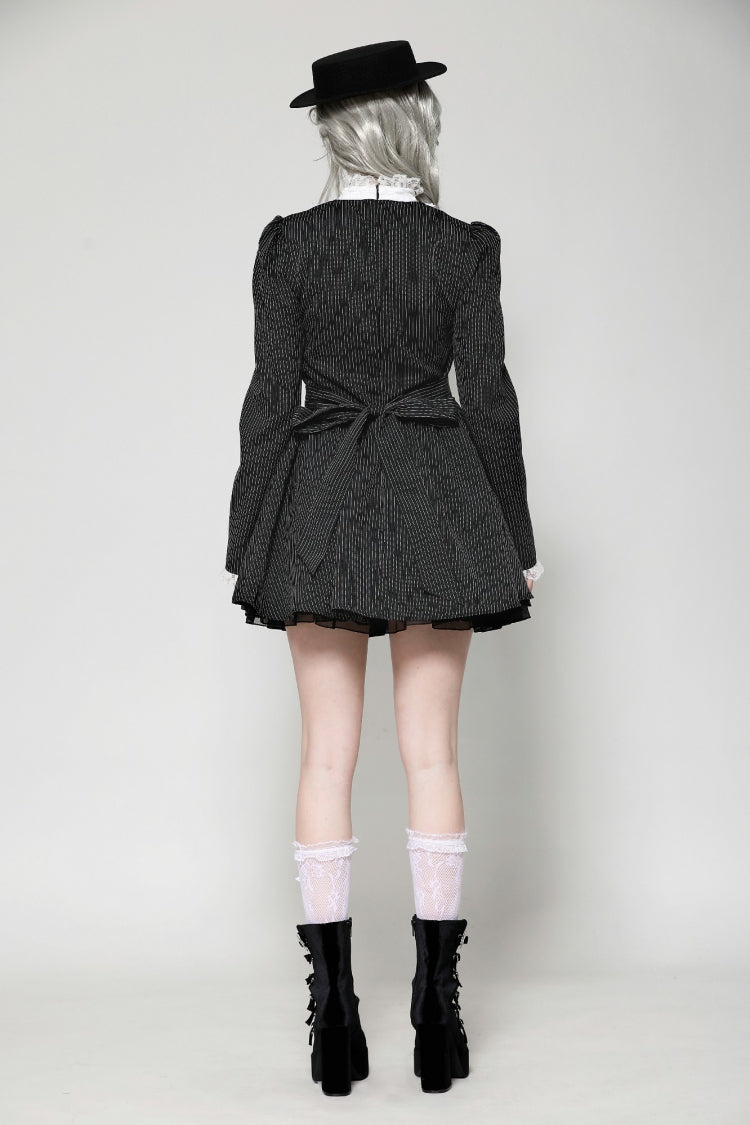 Black/White Striped Lace-Up Gothic Dress with Bow