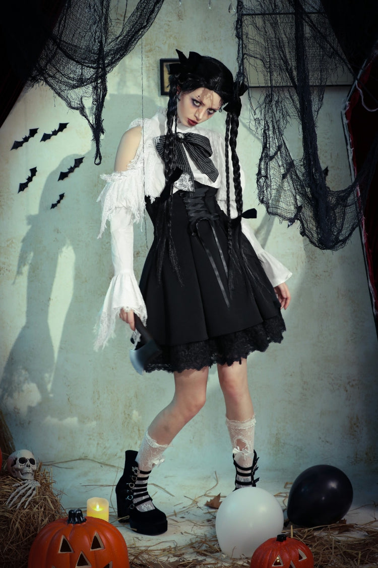 Lace High Collar Asymmetric Long Trumpet Puff Sleeves Bowknot Gothic Short Dress