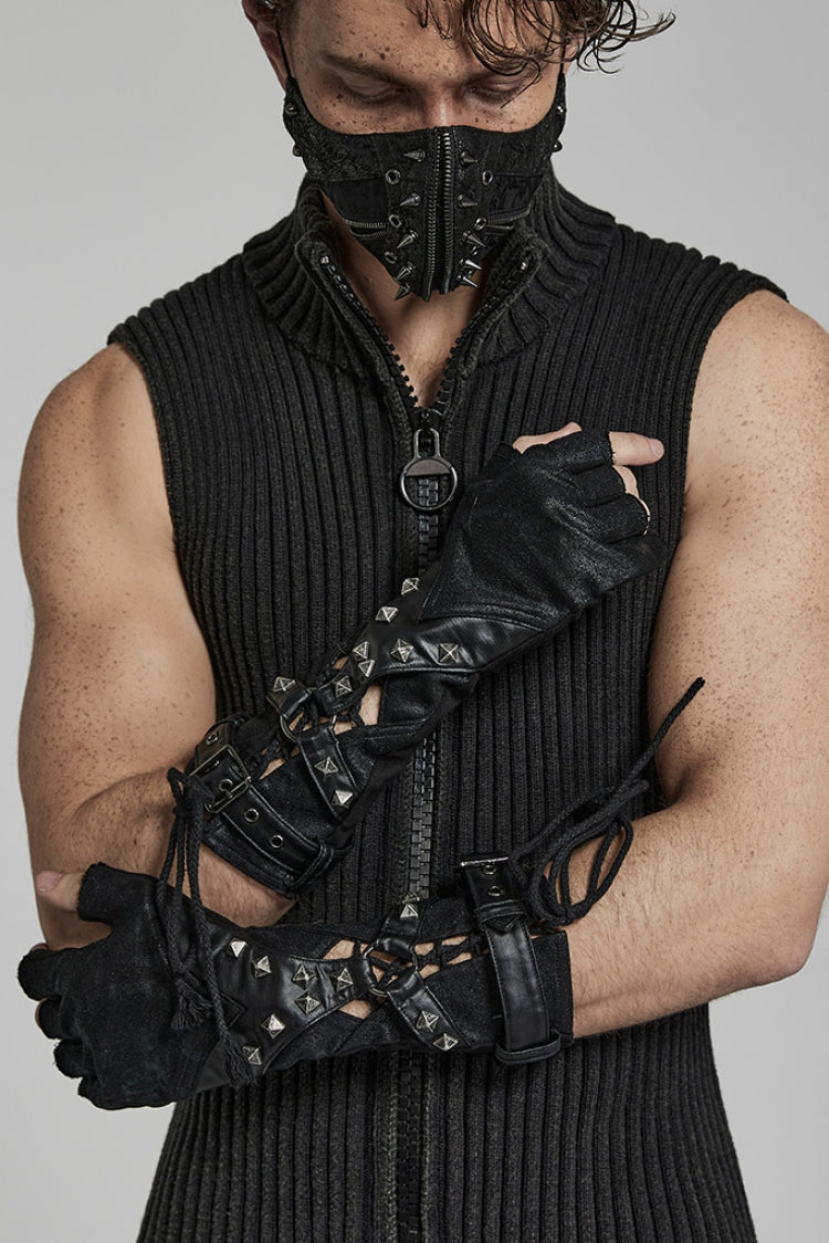 Steampunk Lace-Up Gloves with Rivet Print for Men in 2 Tones