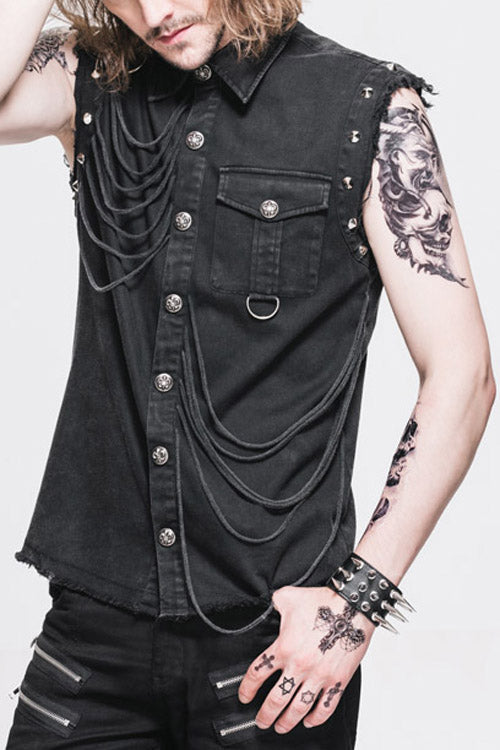 Sleeveless Punk Blouse with Frayed Hem for Men in Black