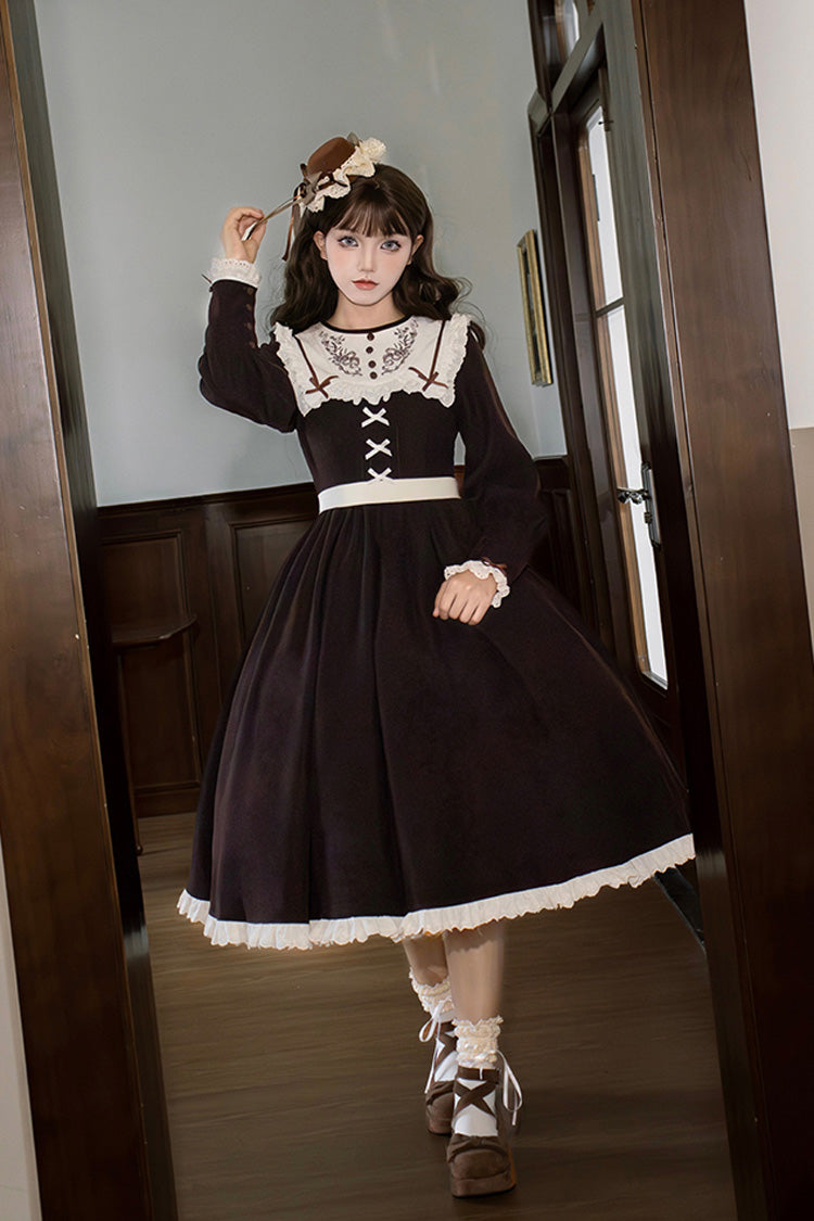 Brown Ruffled Bouquet Embroidered Sweet Lolita Dress - Miss Brown