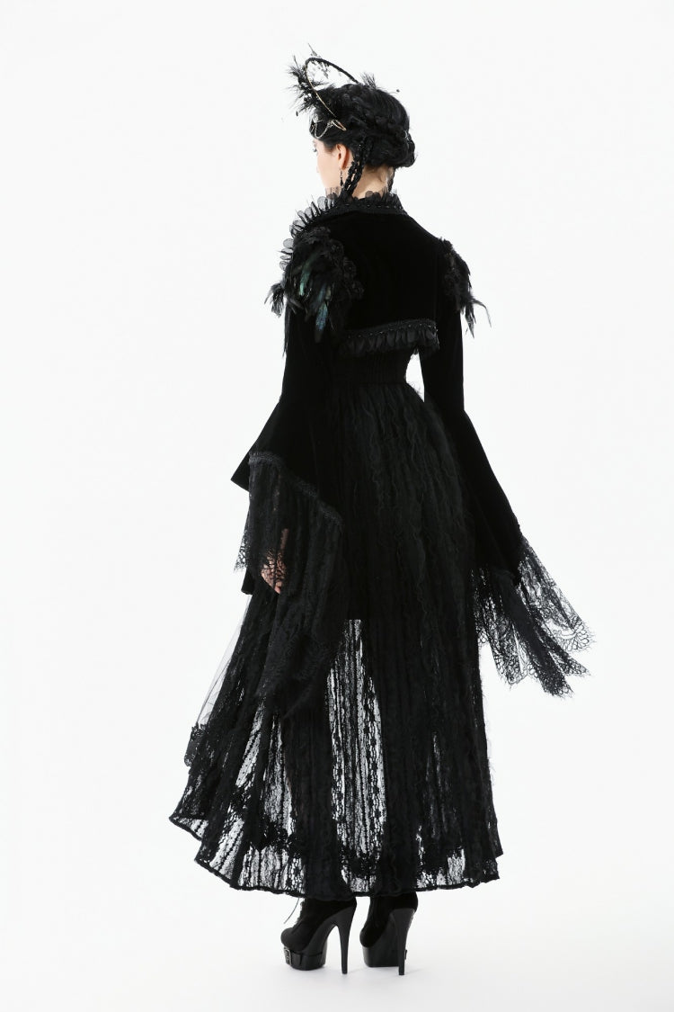 Spliced Velvet Long Flared Sleeve Floral Feather Gothic Cape for Women Lace
