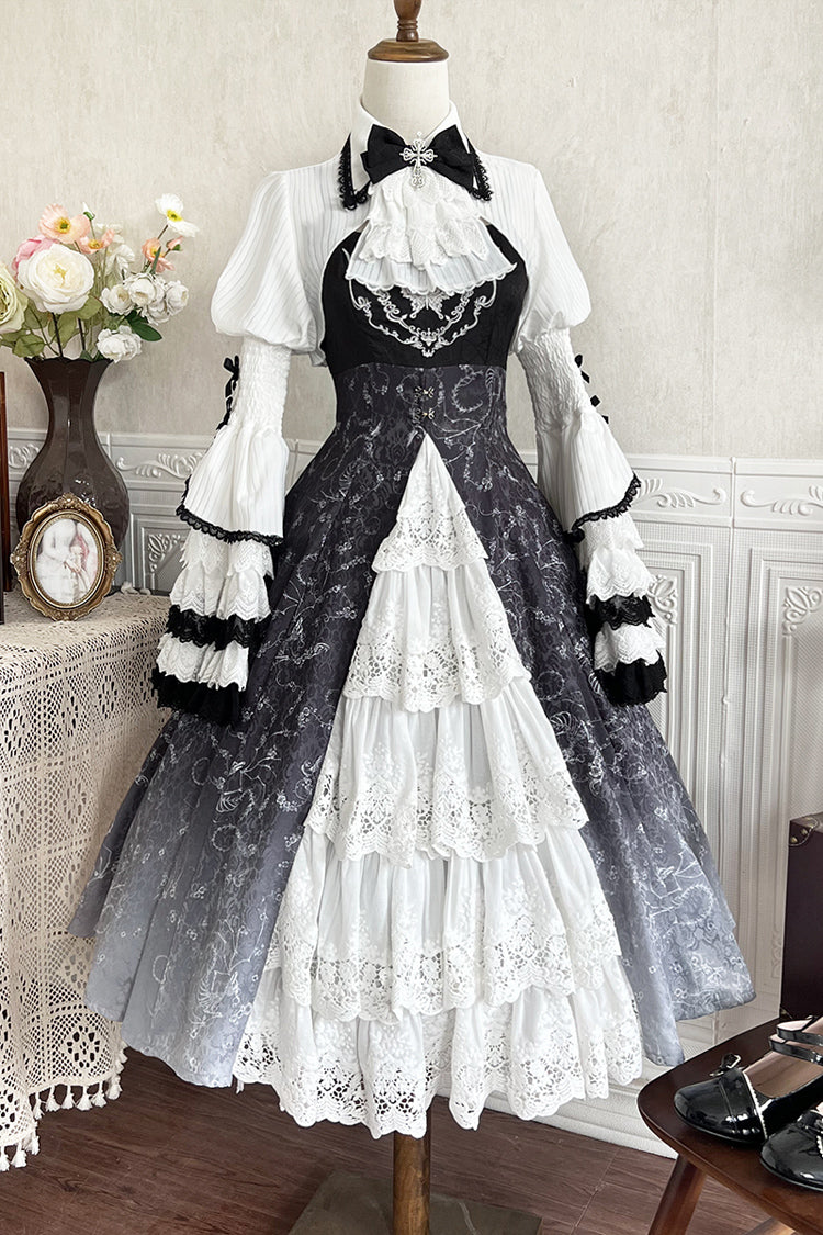 Black White Printed Bone Magic Ruffle Cardigan Lace Classic Gothic Princess Lolita Jsk Dress