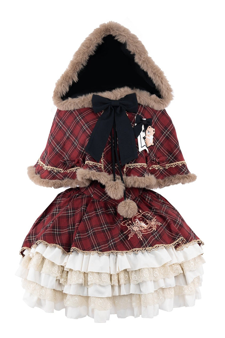 Multi-Layered Christmas Plaid Print Ruffle Sweet Lolita Jsk Cloak Red