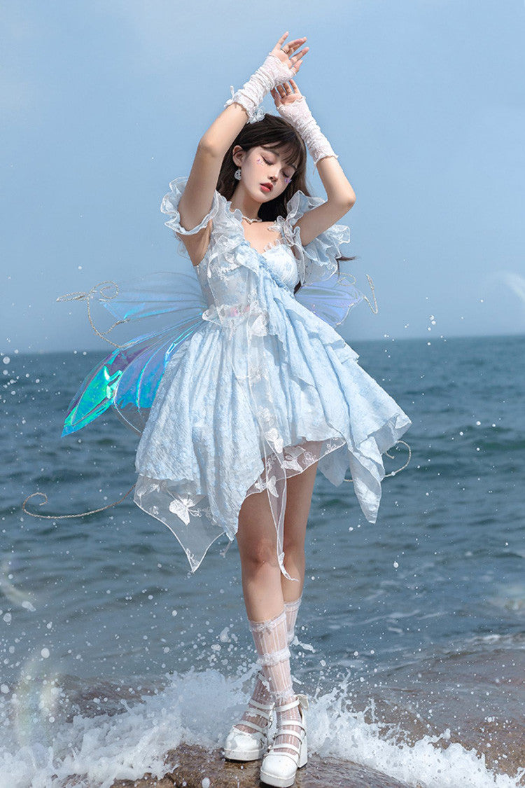 Blue Summer Bubbles Sleeveless Ruffle Embroidered Lace Irregular Short Jsk Dress