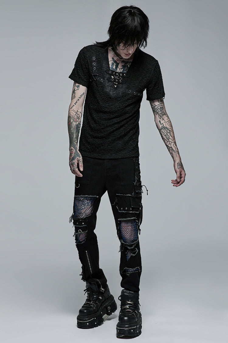 Steampunk Mesh Tee with Buckle Accents for Men