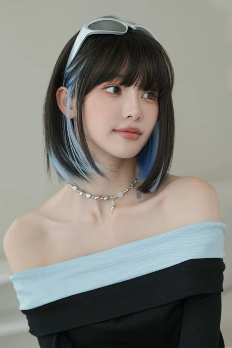 Sky Blue Black Highlight Natural Clavicle Bob Sweet Lolita Wig