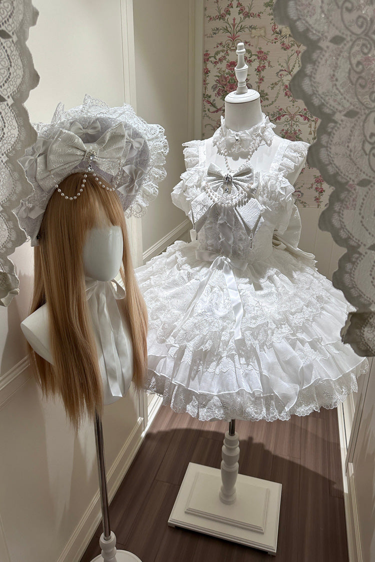 Ivory Ballet Pearl Square Neck Sleeveless Tiered Ruffle Bow Lace-Up JSK