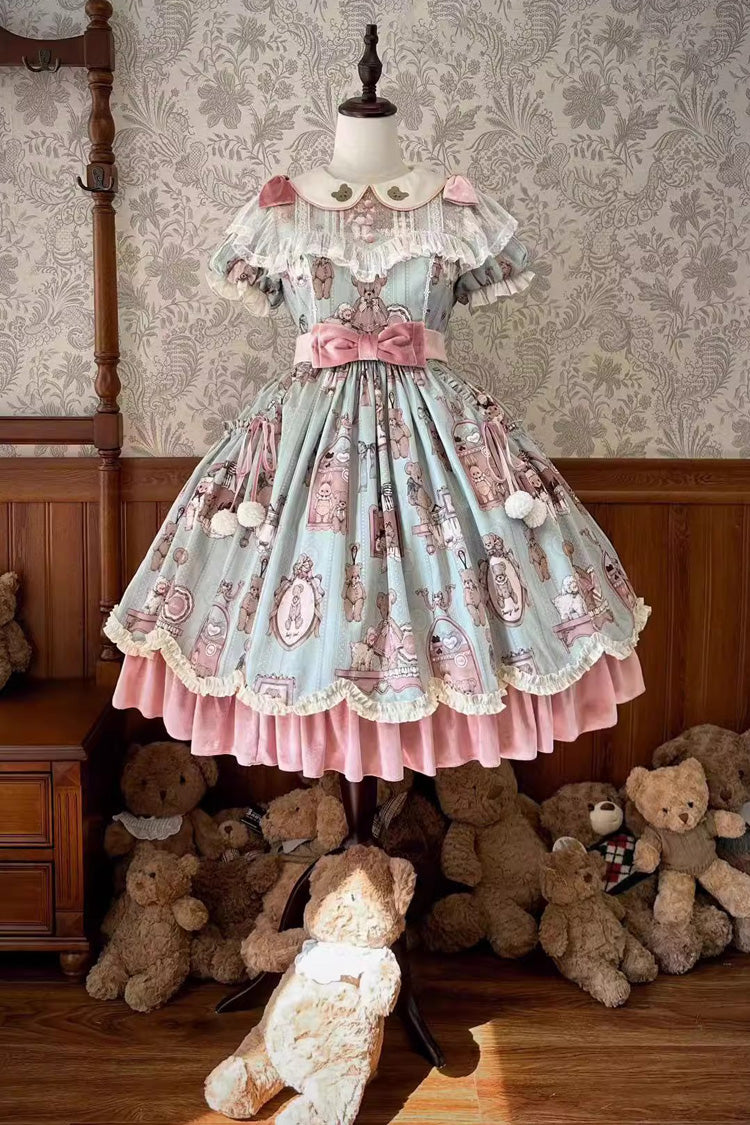 Pink Green Bear Wall Print Short Sleeves Ruffle Bow Sweet Lolita Dress