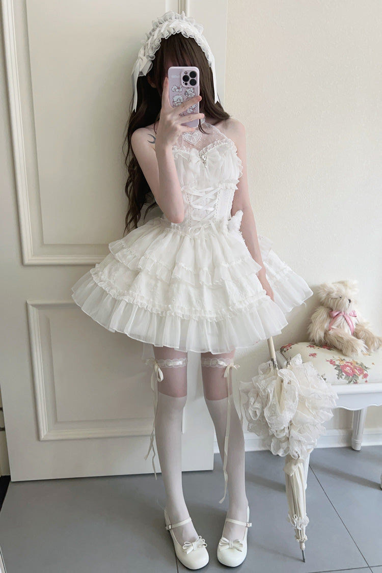 White Sweet Lolita JSK Halterneck Triple Layered Bowknot Lace
