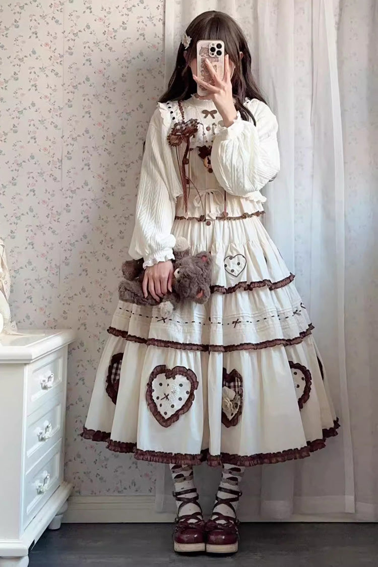 Cream Lovely Heart Triple-Layer Embroidery Bow Frilled Elegant Sweet Lolita Skirt