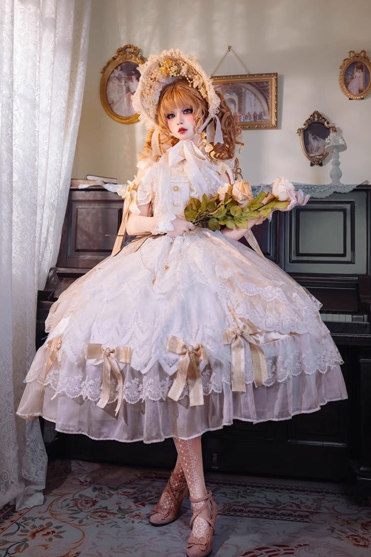 Glazed Phantom Off Shoulder Ruffle Hanayome Bow Lace Elegant Lolita Dress in Yellow