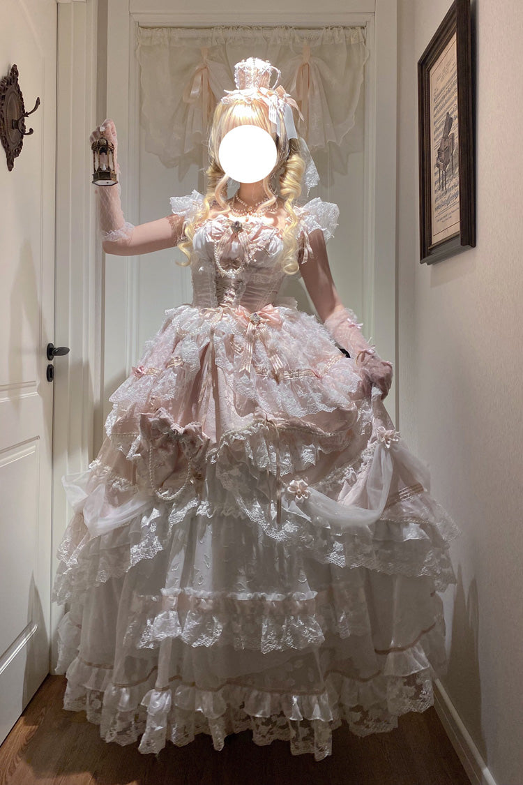 Anna's Ball Square Collar Ruffled Hanayome Bow Lace Ballet JSK - Pink