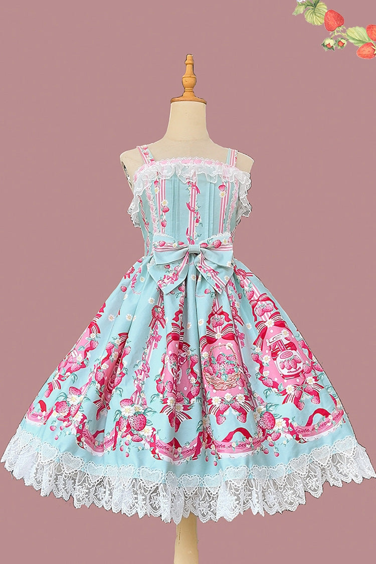 Sleeveless Bowknot Lace Sweet JSK with Print - Strawberry Chef