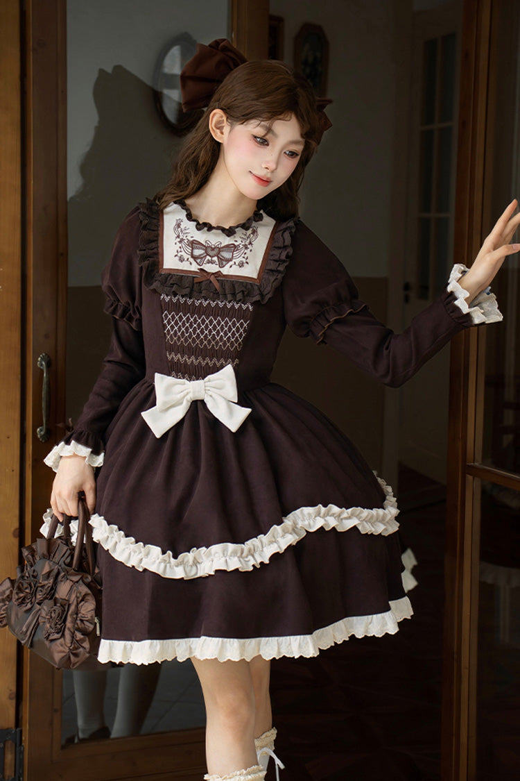 Brown Double-Layered Ruffled Bouquet Embroidered Bow Sweet Lolita Dress - Miss Brown