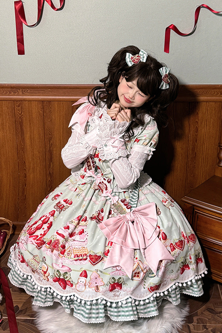 Mint Strawberry Dessert Printed Sweet Lolita Dress - Doll Collar Short Sleeved