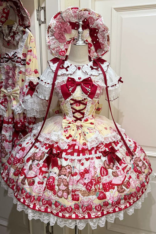 Red/Yellow Sweet Lolita JSK Dress Printed Bow Lace Lace-Up - Sweet Berry Bunny Bear