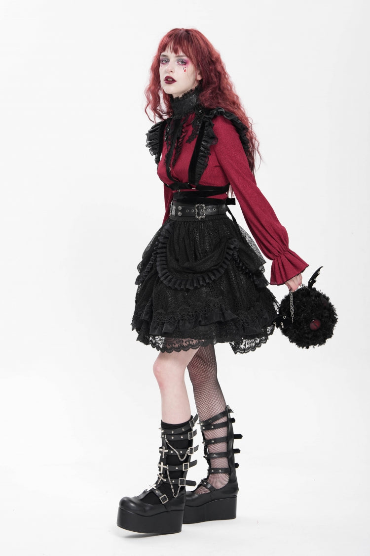 Gothic Skirt with Ruffle and Buckle Straps, Black