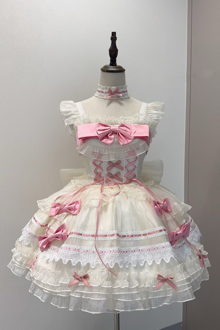 Sleeveless Multi-Layer Ruffle Bow Lace Sweet Princess Ballet Lolita Jumper Dress - Apricot Pink