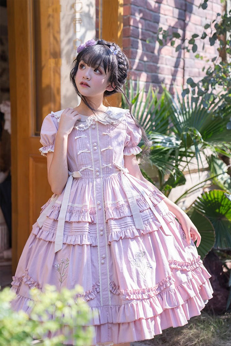 Pink Iris-Print Ruffled Dress with Short Sleeves and Embroidery