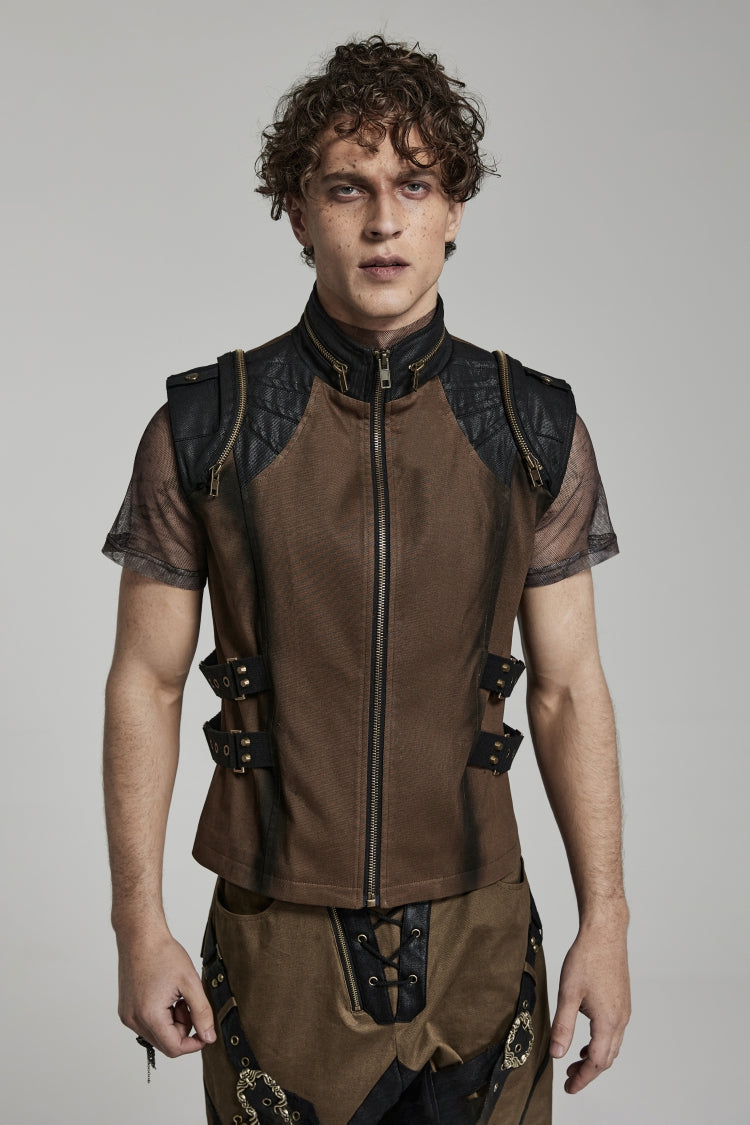 Cocoa Stand Collar Steampunk Vest with Side Webbing and Stitching
