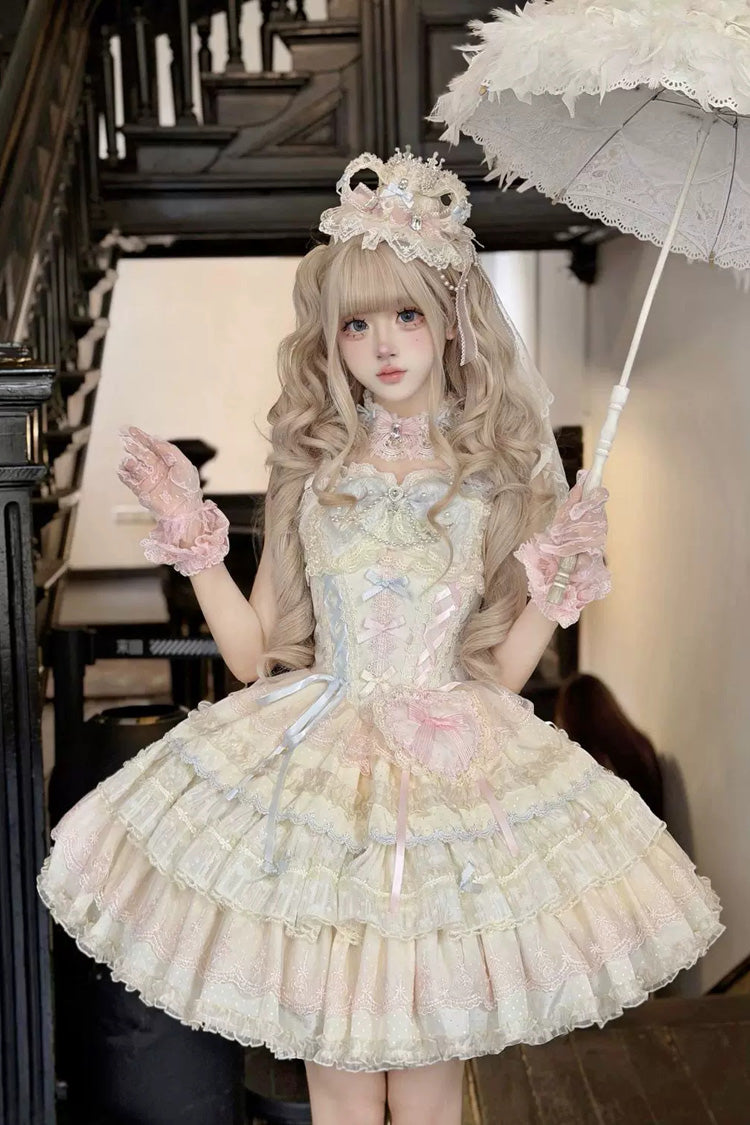 Sweet Lolita JSK Dress with Square Collar and Ruffled Bow - Apricot/Pink
