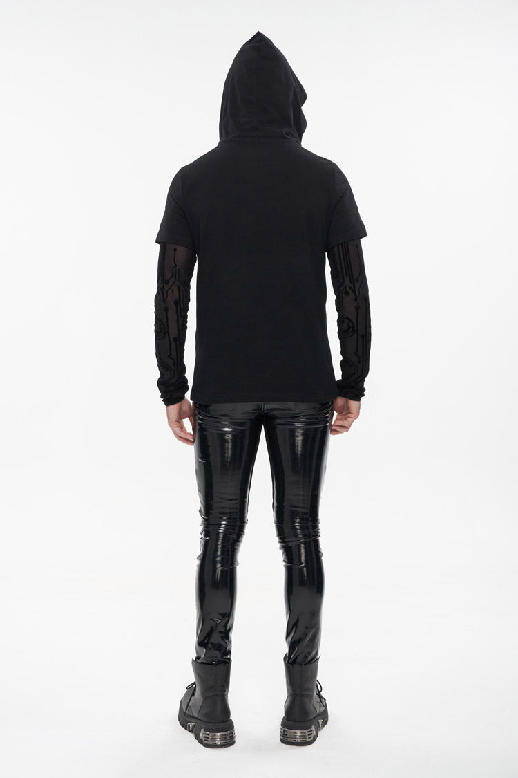 Mesh Paneled Hooded T-Shirt with Circuit Print for Men