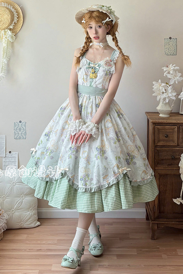 Blueberry Early Summer Sleeveless Print Ruffle Bow Sweet Lolita Jsk Dress