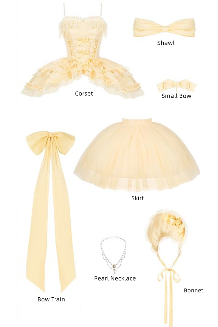 Yellow Off Shoulder Sweet Skirt with Lace and Bow - Sissi's Pilgrimage