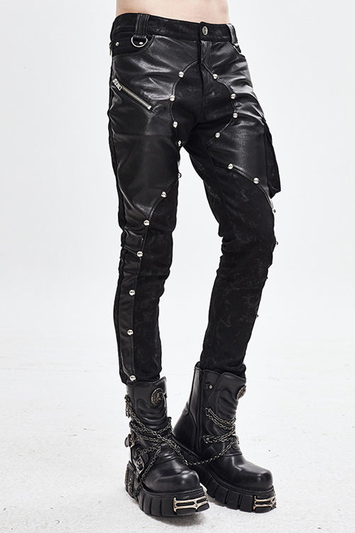 Studded Asymmetric Patchwork Leather Pants for Men