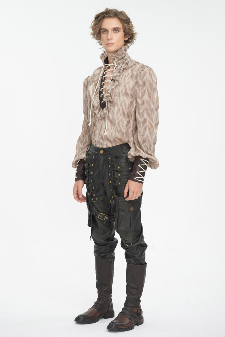 Cocoa Ruffled Stand Collar Lace-Up Gothic Blouse for Men