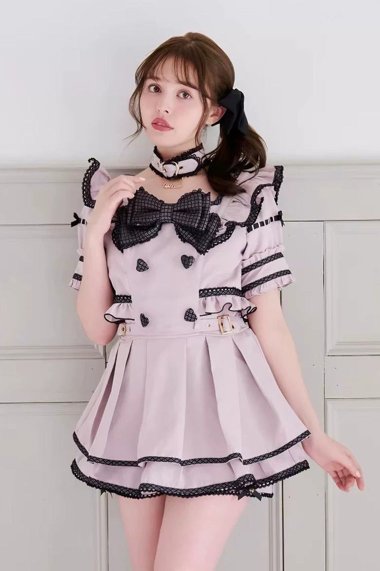 Cute Bow Print Square Neck Short Sleeve Plus Size Jirai Dress with Matching Shorts